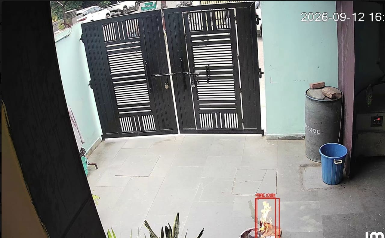 Flame detected at ground level near a gate, boxed and labeled by the detector