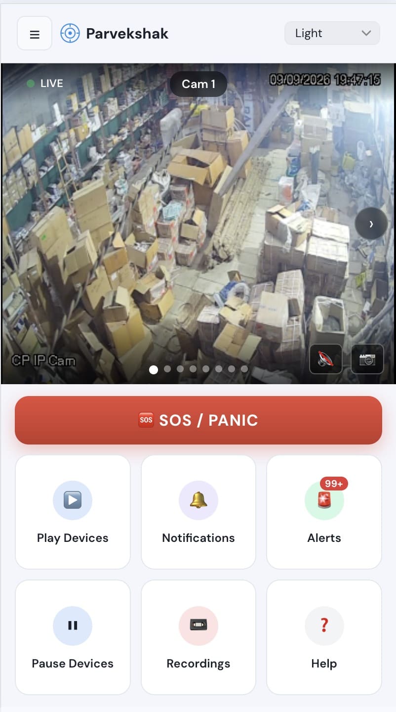 The PARVEK mobile app showing a live camera view, an SOS/panic button, and tiles for devices, notifications, alerts and recordings
