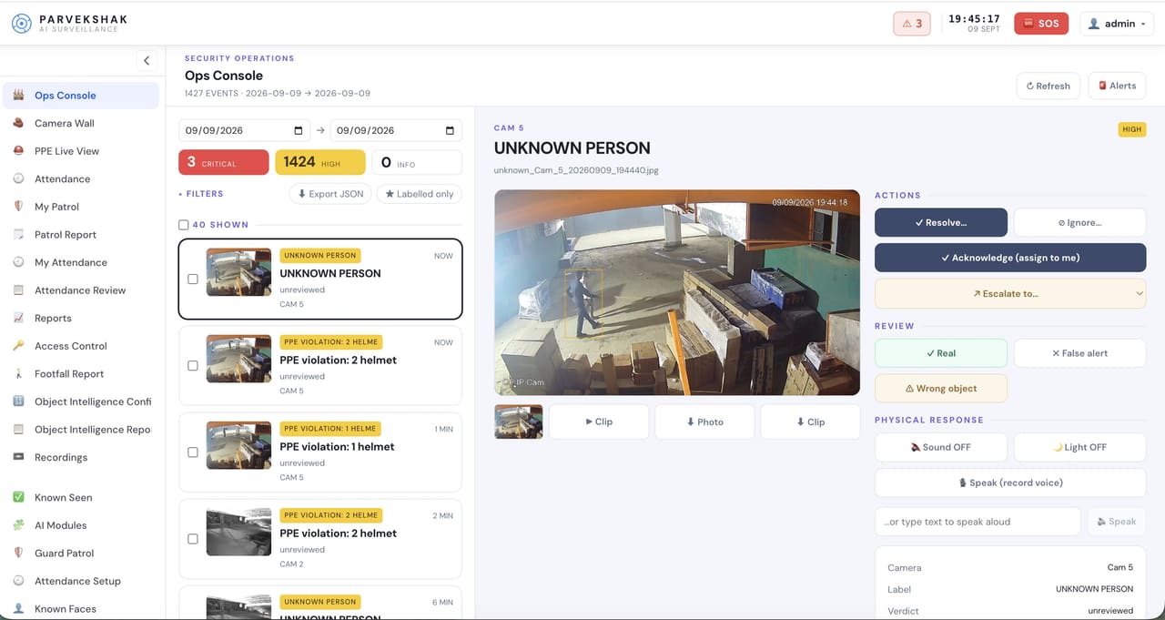 The PARVEK operations console: a live event list, the selected detection frame, and the resolve, escalate and response controls