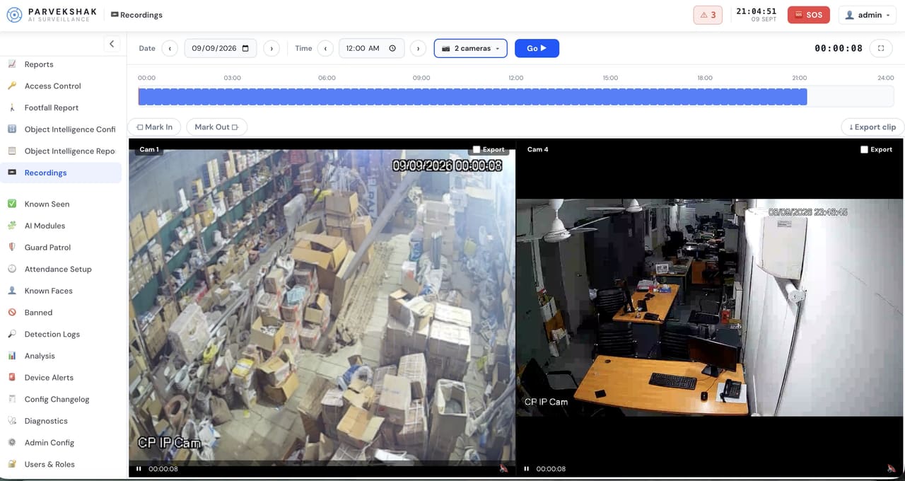The recordings screen: a 24-hour timeline with camera views, mark-in and mark-out controls and clip export