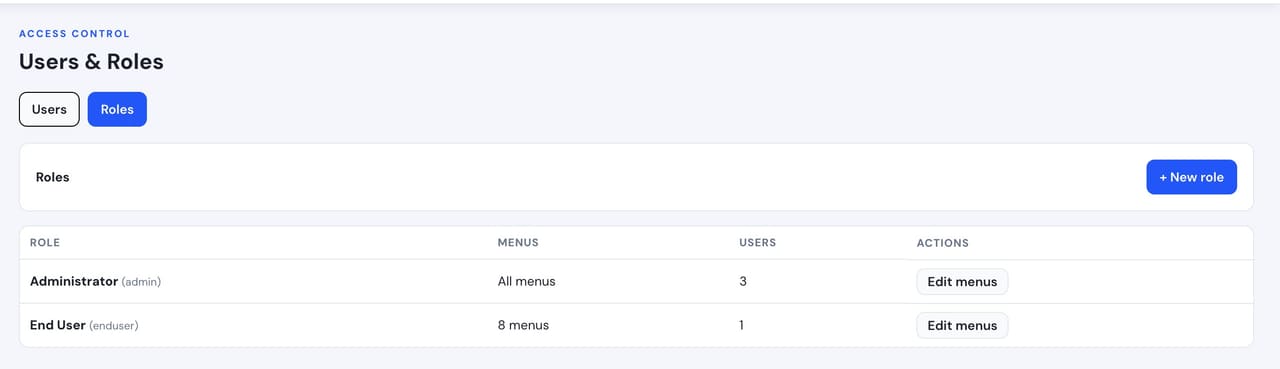 The users and roles screen, showing an Administrator role with all menus and an End User role with eight